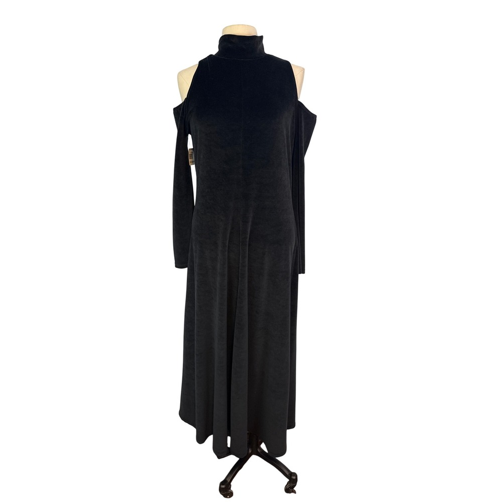 POSH Black Velvet Cold Shoulder Mock Neck Long Sleeve Petite Maxi Dress